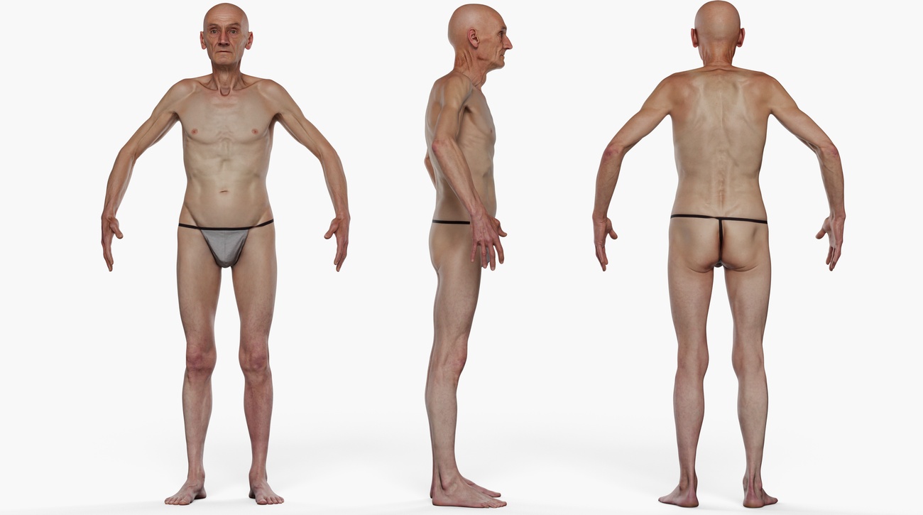 Full body 3D scan of a lean older male with weathered skin and pronounced bone structure, retopologised quad mesh